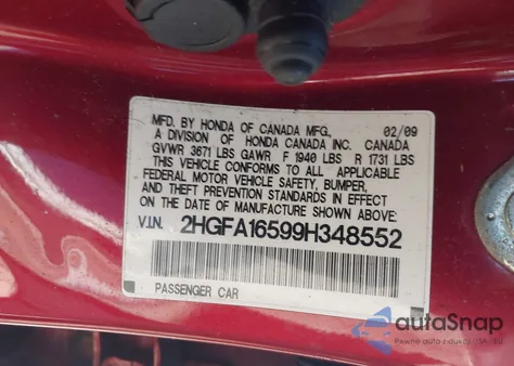 2009 Honda Civic Lx z USA, uszkodzony, nr VIN 2HGFA16599H348552